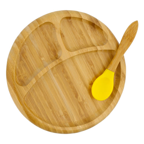 Acorn Baby Bamboo Toddler Plates with Spoon in Yellow - Baby Plates with Suction
