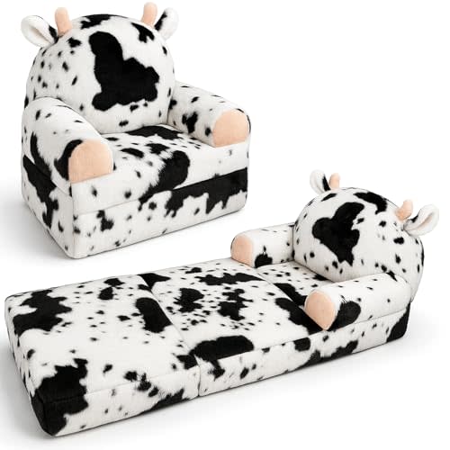 QIUODO Toddler Chair with Faux Rabbit Fur – 2-in-1 Foldable Kids Couch, Soft Sofa for Reading, Napping, Bedroom or Playroom Use, Ages 1-3（Cow）