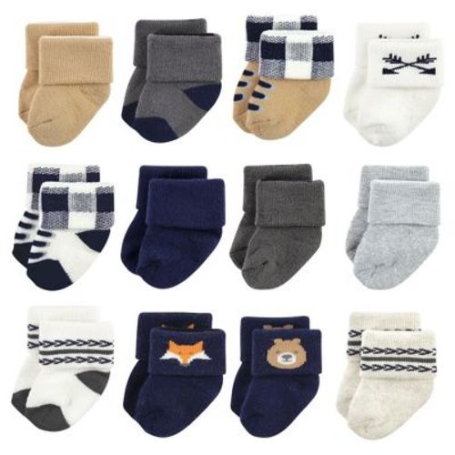 Hudson Baby Basics Infant Baby Cozy Terry Baby Sock 12-Pack, Woodland Explorer, 6-12 Months