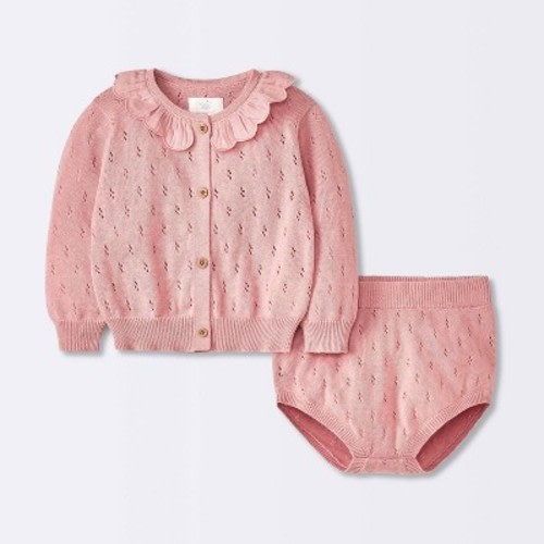 Baby Girls' Rose Pointelle Sweater & Bloomer Set - Cloud Island™ Pink 3-6M: Midweight Knit Cotton, Front Button Cardigan, Elastic Shorts