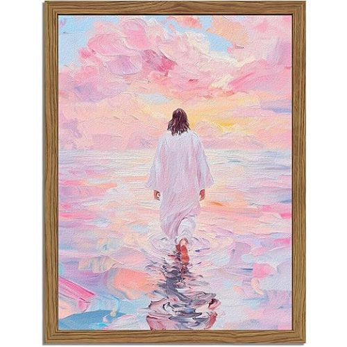 Pink Jesus Walking On Water Wall Art, Frame 3D Textured Hand Drawn Sandstone Christian Wall Decor Paintings Religious Savior Pictures for Living Prayer Room Bedroom, 12x16 in Wood Framed