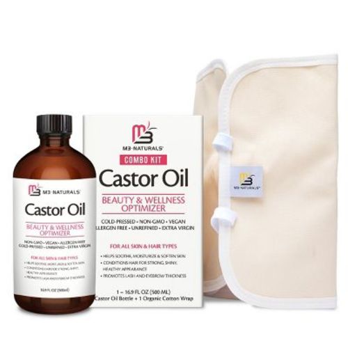 Pure Castor Oil Pack Kit, Organic Castor Oil Cold Pressed Glass Bottle Adjustable Reusable Cotton Castor Oil Wrap for Detox Wellness, M3 Naturals