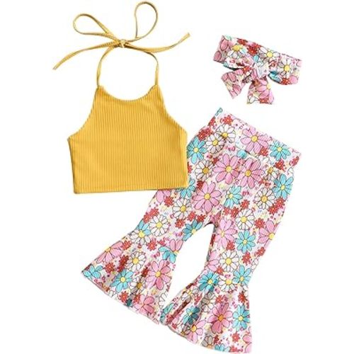 TheFound Toddler Baby Girl Summer Outfit Halter Top Bell Bottoms Flare Pant 2Pcs Infant Newborn Clothes