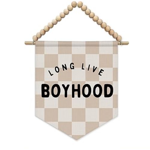 SJDFCSA Boy Nursery Long Live Boyhood Wall Art Decor, Boys Room Decor, Boho Nursery Neutral Checkered Wall Hanging Display Pennant Flag for Kids Little Boys Toddler Room Bedroom Playroom