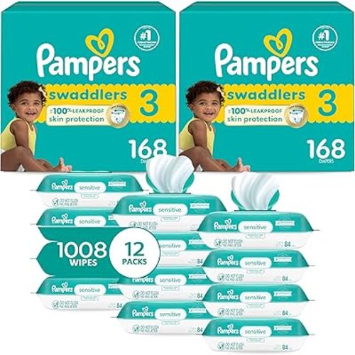 Pampers Swaddlers Disposable Baby Diapers Size 3, 2 Month Supply (2 x 168 Count) with Sensitive Water Based Baby Wipes 12X Multi Pack Pop-Top and Refill (1008 Count)