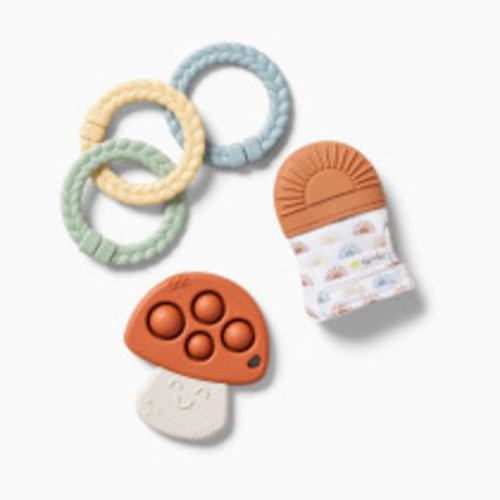 Itzy Ritzy Silicone Teething Mitt, Teether with Poppers and 3 Linking Rings - Sun & Mushroom