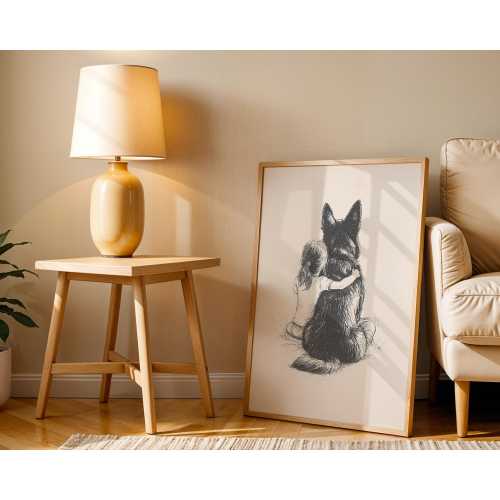 Girl with German Shepherd Retro Print, Vintage Dog Sketch, Nursery Drawing, Printable Painting, Animal Kids Room Decor, Playroom Trendy Art