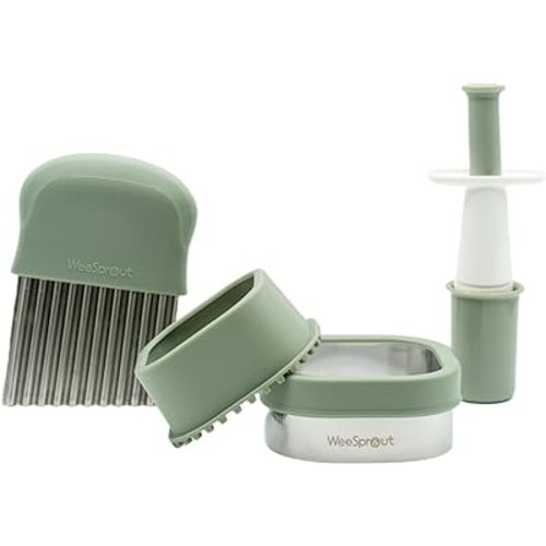 Baby Led Weaning Kitchen Tool Set, Includes Crinkle Cutter, Grape Cutter & Sandwich Cutter, Made In Collaboration With Feeding Specialist, Durable & Dishwasher Safe, Matte Green