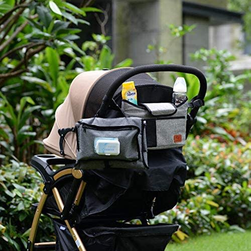 Baby Stroller Organizer Bag with 2 Excellent Cup Holders and Standard Storage Diaper Bag for Universal Stroller Accessories (Grey)