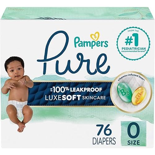 Pampers Pure Protection Diapers, Size 0, 76 Count for Up to 100% Leakproof, Plant-Based Skin Protection