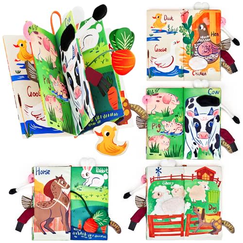 JoyCat Baby Books 0-6-12 Months - Farm Tail Tummy Time Toys - Sensory Touch & Feel Crinkle Cloth Book with Detachable Duck - Newborn Easter Basket Stuffers