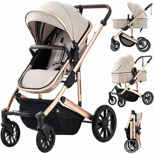 Baby Stroller Newborns and up 2-in-1 with Bassinet Mode - Infant Newborn Toddler Pram Convertible Stroller - Foldable Standard Baby Strollers for 0-36 Months Old Babies (Beige)