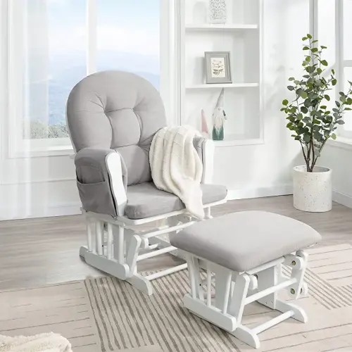 Naomi Home Nursery Glider & Ottoman Sets, Reclining Glider Rocker with Ottoman, Nursery Rocking Breastfeeding Maternity Chair for Baby Room, Recliner Glider with Ottoman, Padded Arms - White, Gray