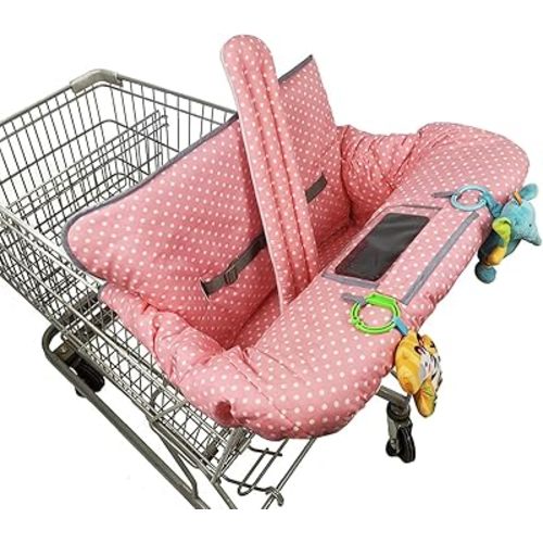 ICOPUCA Shopping Cart Cover, 2 in 1 cart Cover for Babies N high Chair Cover, Padded Grocery cart Cover for Baby Girl boy, with 1” Thick/Removable/Reversible Cushion, Pink dots;