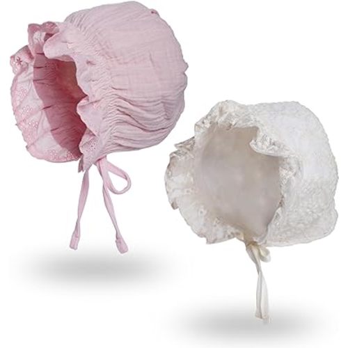 Baby Girls Christening Toddlers Eyelet Breathable Cotton Adjustable Bonnets Sun Protection Hat for Christening Dress(Beige,Pink)