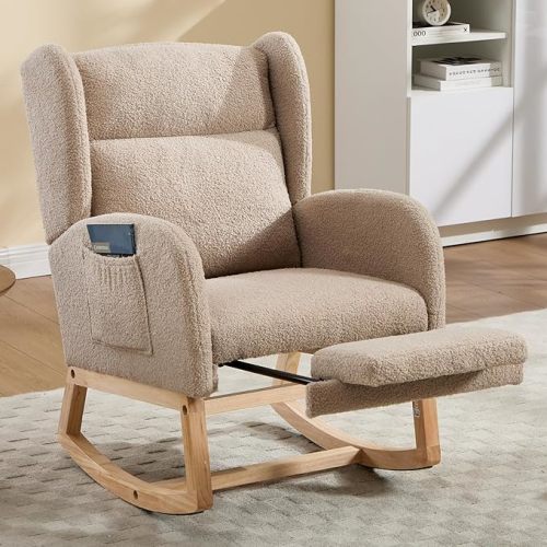 NIOIIKIT Nursery Rocking Chair with Footrest, Teddy Upholstered Glider Chair, Nursery Gliding Recliner with Side Pocket, Glider Rocker for Living Room (Brown Teddy)
