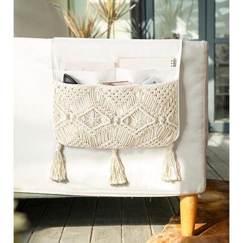 Mkono Macrame Sofa Armrest Organizer Remote Control Holder Couch Bedside Armchair Caddy Storage Basket Bag for TV Remote Control, Magazine, Books, Cell Phone, iPad, Boho Home Dorm Decor, Beige, Large