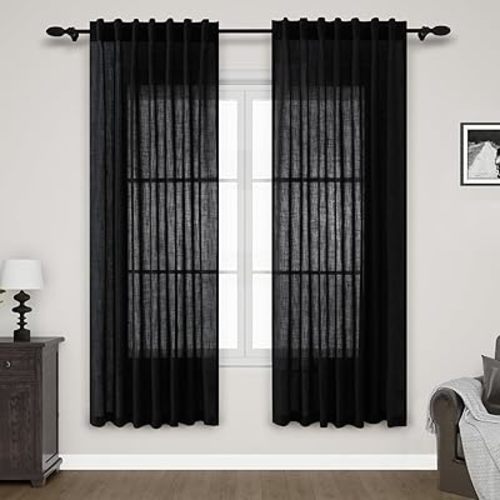 Black Sheer Linen Curtains 70 Inch Length for Living Room Lightweight Door Drapes 2 Panels Set with Back Tab Rod Pocket for Kitchen Kids Bedroom Light Filtering Protect Privacy Window Curtain W52xL70