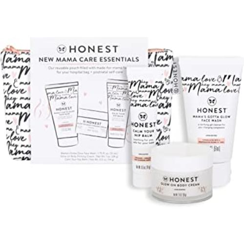 The Honest Company New Mama Care Essentials Gift Set | Hospital Bag Must Haves | Travel Size Nip Balm (0.5 oz), Glow On Body Cream (1 oz), Gotta Glow Face Wash (1.75 fl oz), Reusable Pouch