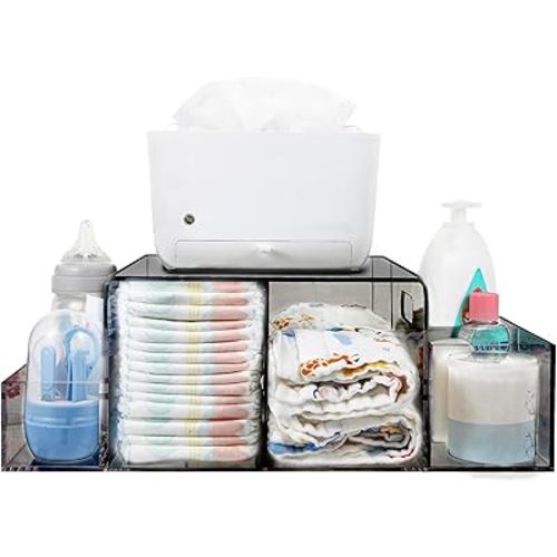 Acrylic Diaper Caddy, Baby Wipes Organizer for Changing Table, Dresser Top Tabletop Organizer with 4 Detachable Compartments, Anti-slip Rubber Feet, Newborn Baby Essentials, Black