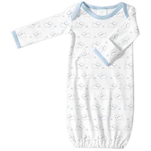SwaddleDesigns Baby Infant Cotton Gown with Mitten Foldover Cuffs, Tiny Doggie, Pastel Blue, Newborn