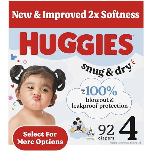 Huggies Size 4 Diapers, Snug & Dry Baby Diapers, Size 4 (22-37 lbs), 92 Count, Packaging May Vary