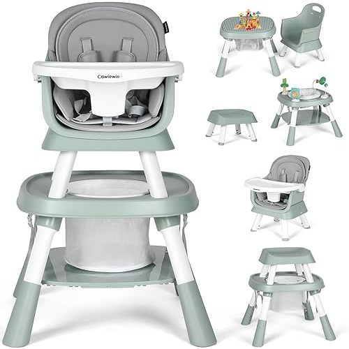 Cowiewie Baby High Chair 16-in-1 Convertible Highchairs for Toddlers Table,Portable High Chair for Baby,Chair Set Building Block Table Highchair with Safety Harness, Removable Tray（Green