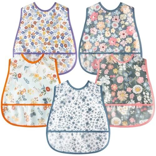 R HORSE 5Pcs Baby Bibs Set Toddler Bibs with Crumb Catcher Pocket & Snap Button Waterproof Baby Feeding Bibs for 6-24 Months