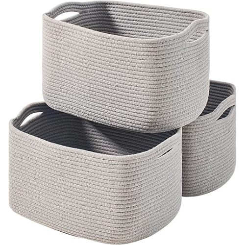 Storage Baskets for Organizing Shelves, Woven Cotton Rope Bins for Baby Nursery Organization, Book Toy Towel Organizer, 15"x11"x9.5", 3 Packs, Grey