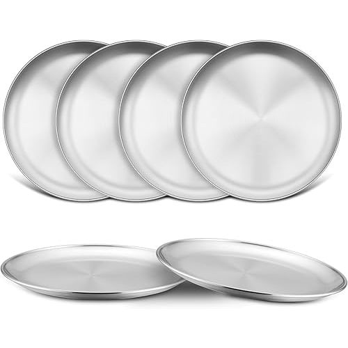 TeamFar Kids Plates, 6 PCS Stainless Steel Baby Dinner Plates Set, 8 Inch Toddler Metal Dishes, Unbreakable Dishes for Camping Serving Party, Non Toxic, Matte Finished & Dishwasher Safe, Silver