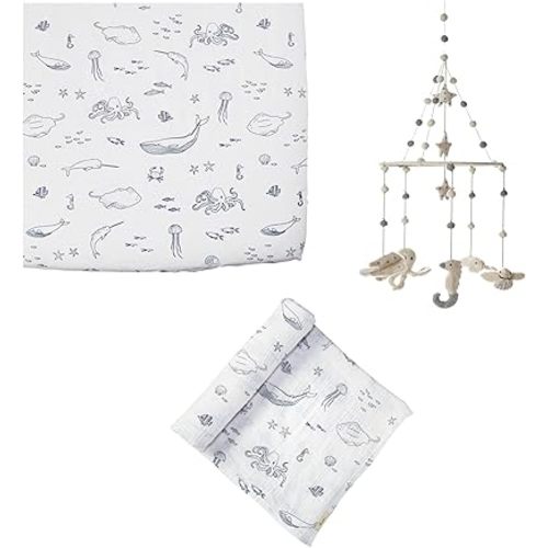 Pehr Dreamtime Trio Bundle, Life Aquatic | Crib Sheet, Muslin Swaddle & Mobile | Organic Cotton & Handcrafted Wool | Ultra-Soft, Breathable, Eco-Friendly Set for Newborns & Infants