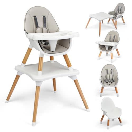 HONEY JOY Baby High Chair, 5-in-1 Convertible Wooden Highchair for Babies and Toddlers/Table and Chair Set/Toddler Chair with Safety Harness, 4-Position Removable Feeding Tray (Gray)
