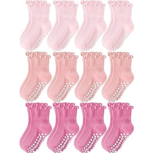 Aroveea Baby Toddler Girls Socks Grip Ruffle Non Slip Girls Cotton 12 Pack Socks for Kids Cute Ankle 6M-7Years