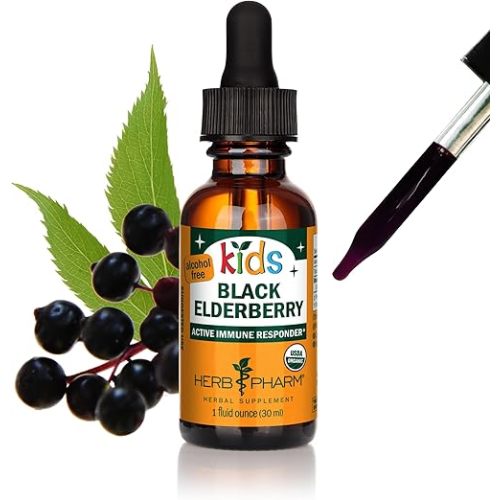 Herb Pharm Kids Certified-Organic Alcohol-Free Black Elderberry Glycerite Liquid Extract, 1 Ounce (GLKELD01)