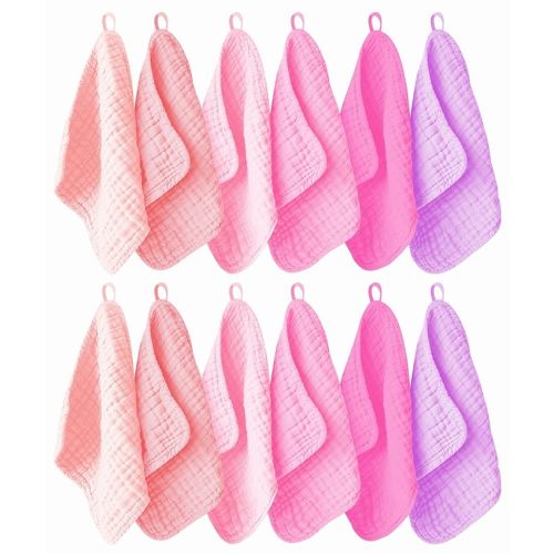 Ease Cubs 12 Pack Muslin Washcloths for Baby - 100% Cotton Baby Wash Cloths for or Baby Face Body Comfy and Soft for Newborn Infants Kids Girls and Boys - 12"x12" - Pink, Purple and Sakura Series