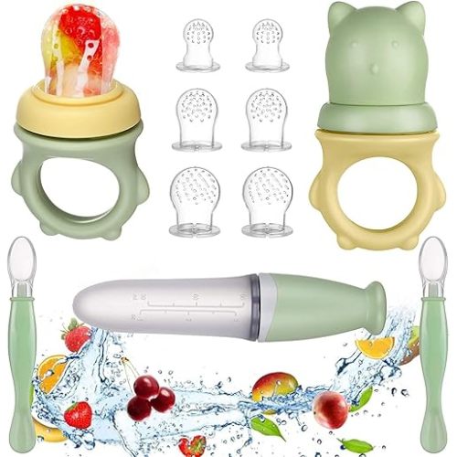 Lictin Baby Food Feeder Pacifier Set Feeding Supplies 11 Pcs - Squeeze Spoon with Fresh Silicone Bottle, Infant Hot Safety Spoon, Baby Feeding Utensil Gift Box