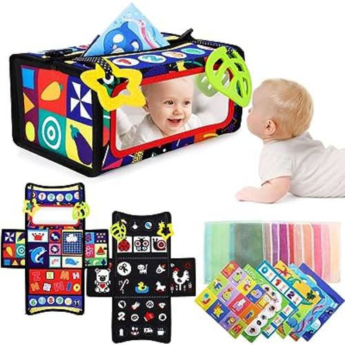 URMYWO Tummy Time Mirror Toys, 3 in 1 Baby Toys 0-6 6-12 Months Newborn Infant Sensory Montessori Toys with Colorful Silk Scarves and Teethers Black and White High Contrast Tissue Box Activity Gift