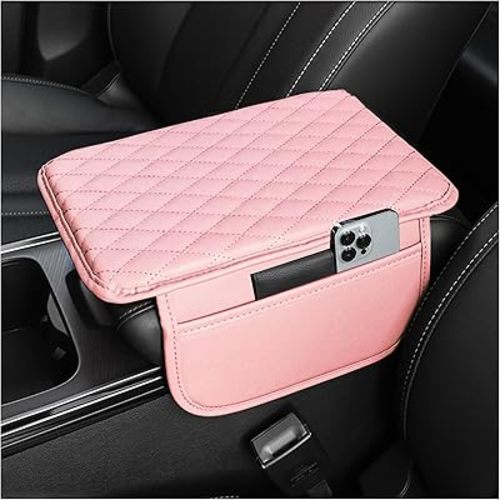 Upgraded Car Center Console Cover,Microfiber Leather Car Armrest Cover Cushion with 2 Storage Bags,Universal Car Armrest Storage Box Car Interior Accessories for Most Cars (Pink)
