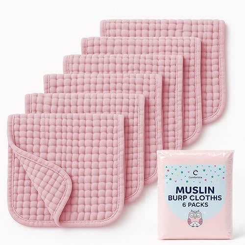 Pink Muslin Burp Cloths Set of 6, Baby Boy Essentials 6 Layer Super Absorbent, Soft & Gentle Muslin Washcloths Baby, Large Size 20"x10" Burp Clothes