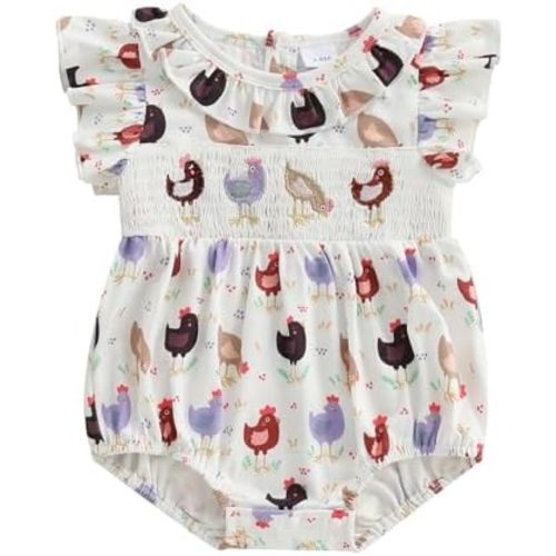 Farm Animal Outfits Baby Girl Chicken Print Flying Sleeve Smocked Bubble Romper Bodysuit Todddler Farm Clothes Summer