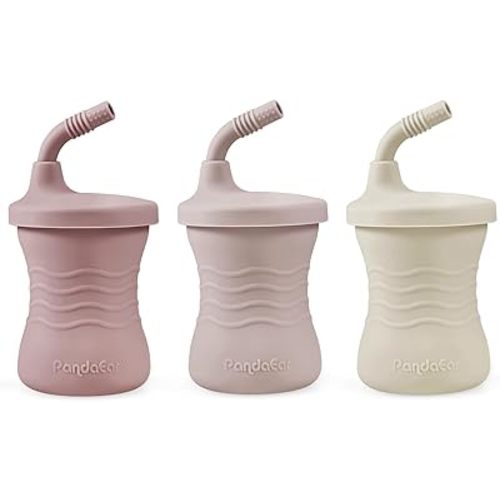 PandaEar 3 Pack Silicone Baby Training Cup, Straw Cups,Shatterproof Toddler Sippy Cups Drinking Sippy Cups for Baby and Toddler 6 Months+ 5 Oz (Pink/Light Pink/Linen)