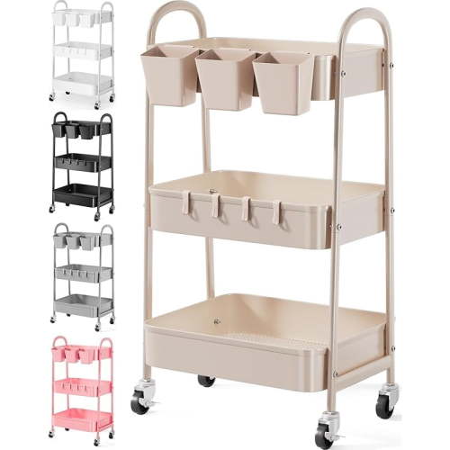 3 Tier Khaki Metal Rolling Cart with Lockable Wheels and Handle, 3 Tiered Utility Storage Organizer Carts for Teachers, Arts, Craft, Snack, Book, Bedside, Nursery, Cleaning Supplies, Easy Assembly