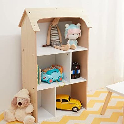 Toffy & Friends Bookshelf for Kids Dollhouse Bookshelf for Kids Rooms Kids Toy Organizer and Shelf Children Bookshelf Wooden Baby Book Shelves House Shaped Shelf 21"×10.6"×36"