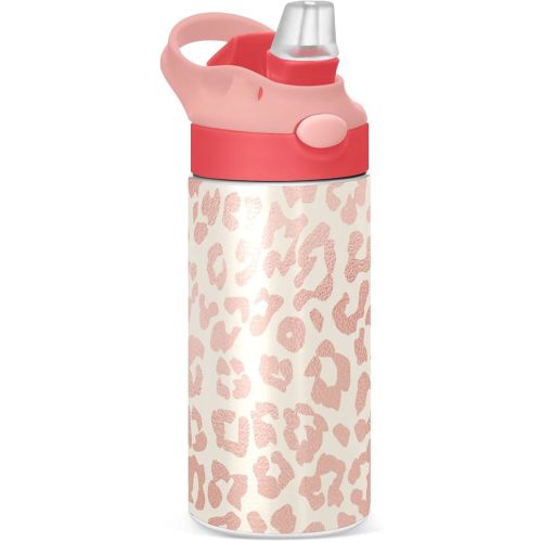 ALAZA Rose Gold Leopard Print Cheetah Kids Water Bottles with Lids Straw Insulated Stainless Steel Water Bottles Double Walled Leakproof Tumbler Travel Cup for Girls Boys Toddlers 12 oz,Pink