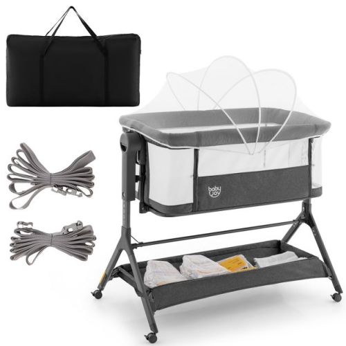 Safstar 3 In 1 Baby Bedside Bassinet W/storage Basket, Universal Wheels, Adjustable Height, Mattress, Net & Portable Bag, Carriable Crib, Gray