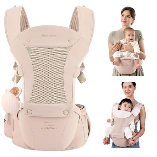 Bebamour Baby Carrier with Hip Seat,All-Position Breathable Mesh Hip Seat & Carrier 0-36Months with Head Hood, 3 PCS Teething Pads, Waist Extender,Storage Bag & Pacifier Case (Pink)