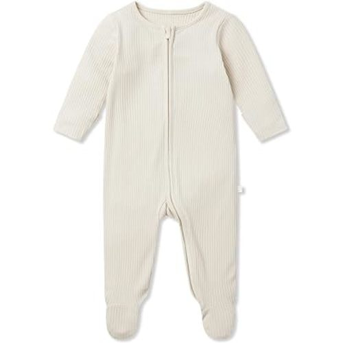 MORI Baby Unisex Ribbed Pajamas with Two Way Zip and Scratch Mitts - Footed Jumpsuit One Piece Sleepwear for Boys and Girls