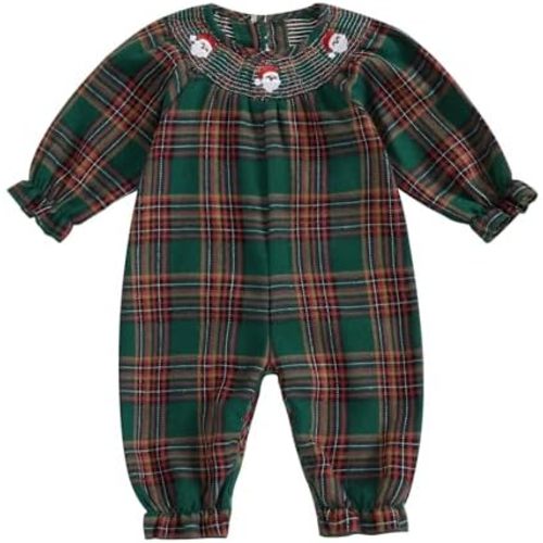 Baby Christmas Outfit Girl Long Sleeve Plaid Santa Claus Embroidery Rompert Newborn Girls Christmas Clothes