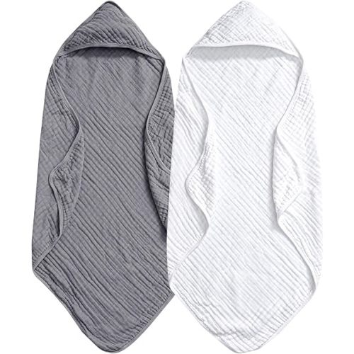 PHF 2 Pack Baby Hooded Towels, 100% Muslin Cotton Baby Bath Towel with Hood for Newborn, Infant, Toddler, Ultra Soft and Absorbent Baby Essentials Bath Towels for Boys Girls, 32x32Inch, White & Grey