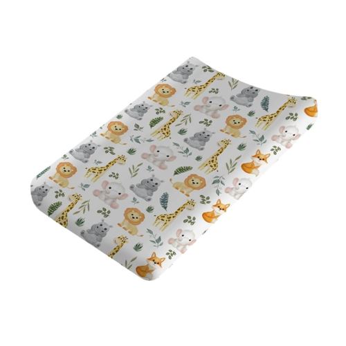Jungle Safari Animals Tropical Leaves Baby Changing Pad Covers for Boy Girl 32''x16'' Elephant Lion Giraffe Hippo Fox Unisex Fitted Diaper Changing Table Sheets Comfort Soft Baby Changing Table Mats